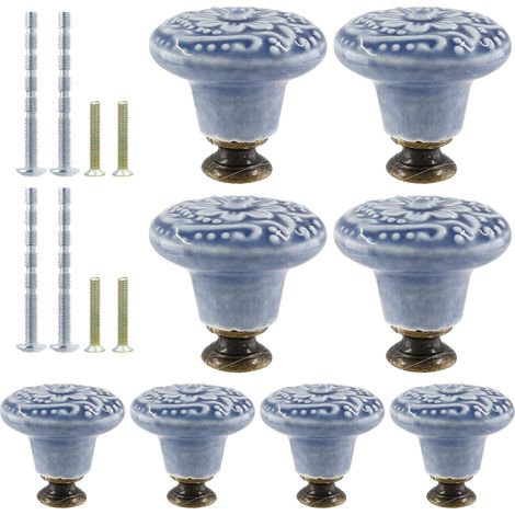 Lot de 8 boutons de placard de cuisine vintage en céramique bleu grisâtre - Poignées de tiroir décoratives pour placard, placard, porte de meubles (1/5)