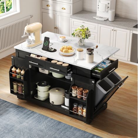 Îlot de cuisine mobile, plateau rabattable, prises, roulettes, 138 x 86 x 92 cm, noir OKMYHOME (1/5)
