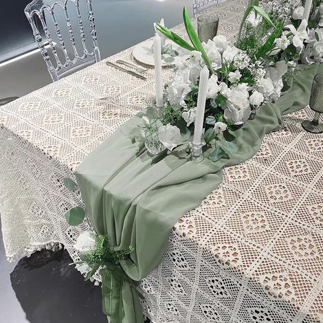 Chemin de Table en Mousseline Vert Sauge, pour Mariage ti Décoration Table (1/5)