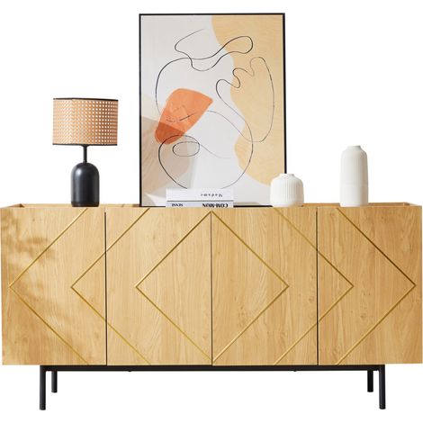 Buffet de salon 4 portes avec étagères réglables, design sans poignées, 160 x 40 x 78 cm, bois clair, panneau de particules, anti-basculement - CHICFURN (1/5)