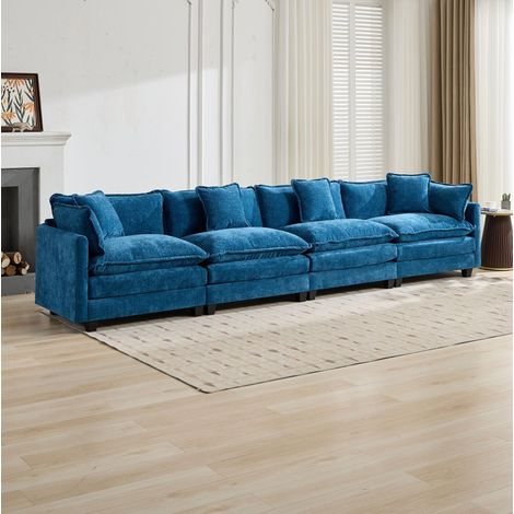 Sofá modular de 4 plazas 380x75x84 cm en tela azul, diseño moderno FloraGrace (1/5)