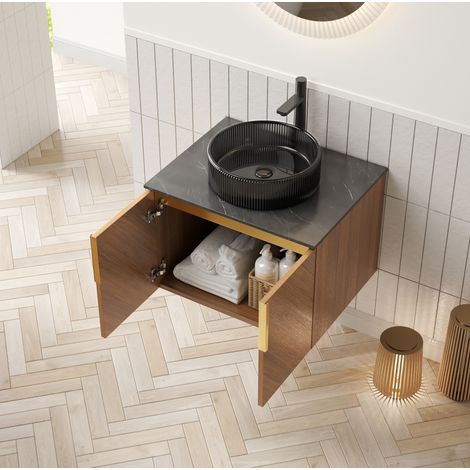 Mobile lavabo sospeso moderno 61 cm rovere marrone con 2 ante soft-close, piano in pietra sinterizzata e lavabo tondo nero (1/5)