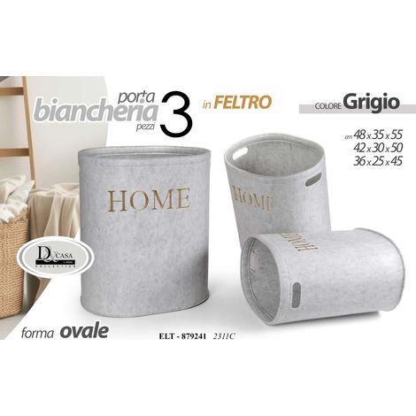 Set aus 3 ovalen Wäschekörben in grau mit goldener "Home"-Schrift, 48x35x55, 42x30x50 und 36x25x45