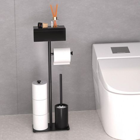 Porte Papier Toilette sur Pied, Support Papier Toilette sur Pied avec Brosse WC et Tiroir, Porte Rouleau Papier Toilette Noir en Acier au Carbone, Serviteur WC Rangement pour 3 Rouleaux de Rechange (1/5)