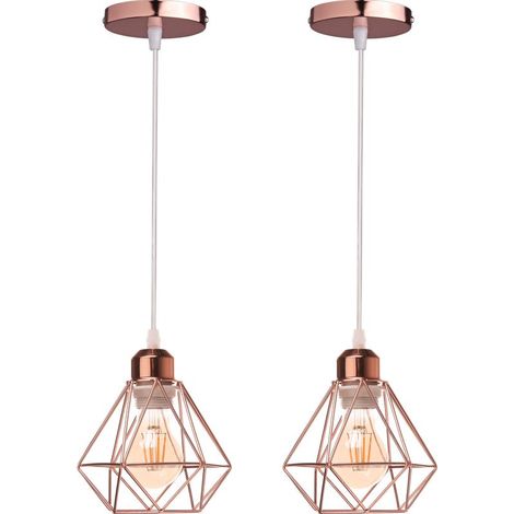 2PCS Lustre Suspension E27 16CM Cage Diamant en Métal Doré Rose Plafonnier Luminaire pour Couloir Escalier Chambre (1/5)