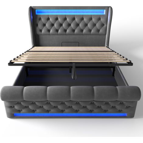 Cama doble capitoné 140x200 cm con LED, almacenamiento hidráulico y puertos USB-C, gris (1/5)