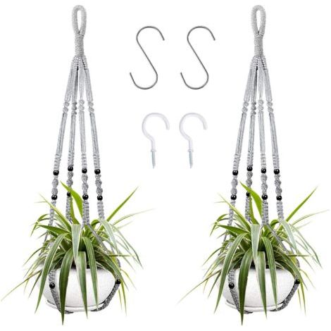 QORVA-Suspension pour plantes d'intérieur en corde de coton grise, 98 cm, avec perles en bois, pour décoration intérieure, sans crochets, 2 paires