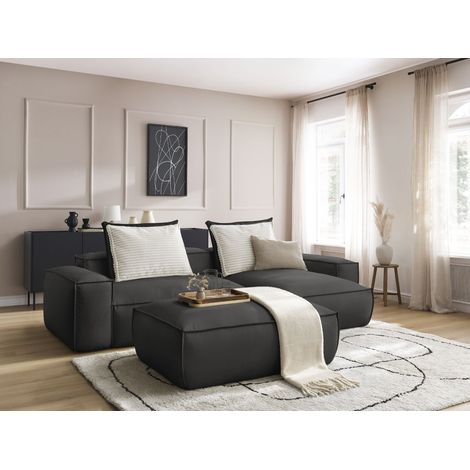 BOBOCHIC - Canapé d'angle réversible ultra moelleux BOHEME cuir végan avec pouf Noir (1/5)
