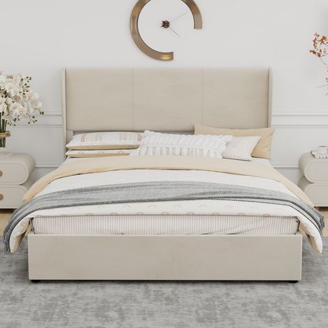 Lit rembourré 160x200 beige avec tête de lit confortable, sommier coffre haut à levage gaz, matelas non inclus