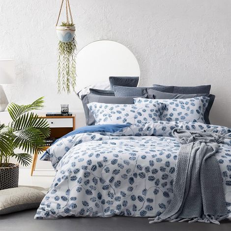 Housse de Couette 220x240 Coton - Motif Botanique - Bleu Feuilles (1/5)