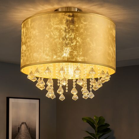 Kristall Deckenleuchte gold Esszimmer Deckenlampe Wohnzimmerleuchte, Textil Blattgold Design, 1x E27 LED warmweiß, Durchmesser x Höhe 30 x 31 cm