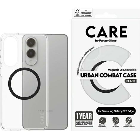 Funda Care by PanzerGlass Flagship Urban Combat negra con tecnología QI para Samsung Galaxy S25 Edge transparente (1/4)