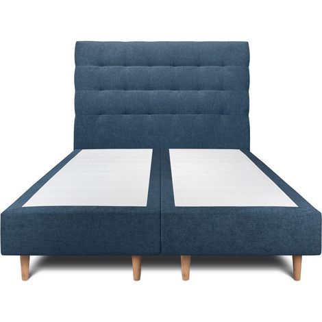 Lit 180x200cm avec tête de lit capitonnée tissu et double sommier tapissier bleu - Hauteur totale : 35cm (1/5)