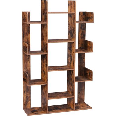 Bibliothèque arbre étagère à 13 compartiments meuble de rangement 86 x 25 x 140 cm avec coins arrondis et rebords marron rustique (1/3)
