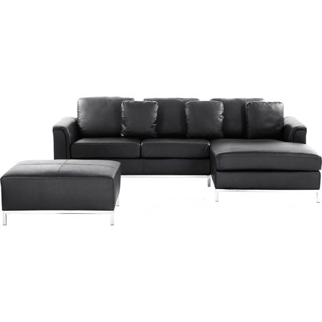 Corner Sofa 5 Seater OSLO Leather Black with Ottoman Left Hand