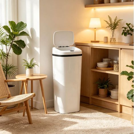 Pattumiera da cucina automatica con sensore 50 L, bianca, 33 x 25 x 84 cm OKMYHOME (1/5)