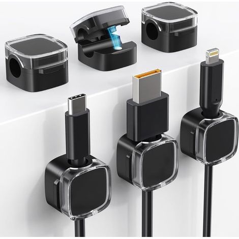 Lot de 6 attaches magnétiques pour câbles - Noir - Organisateur de câbles de bureau - Clips de câble auto-adhésifs (1/5)