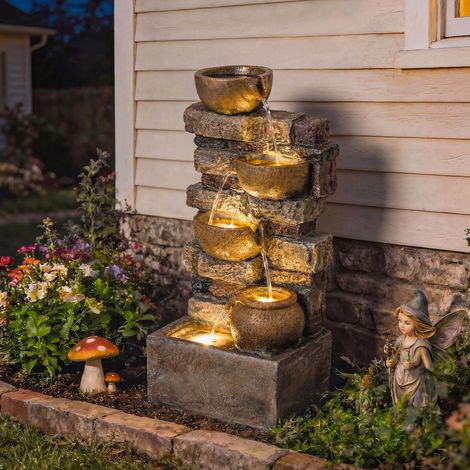 Fontaine Extérieure avec 5 Niveaux de Pichets Rustiques et Design Roche. Cascade avec Lumières LED. Marron Rustique