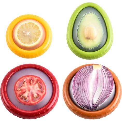 Set mit 4 luftdichten Silikonbehältern für Obst und Gemüse, zur Aufbewahrung im Kühlschrank und in der Küche, mit transparenter Folie, in Gelb, Rot, Grün und Braun