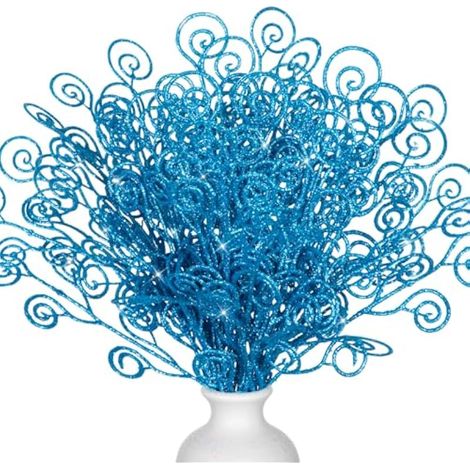 Ysleen Lot de 50 pics d'arbre à paillettes et brindilles artificielles bouclées de 30,5 cm pour couronne, vase, décoration cadeau (bleu) (1/5)