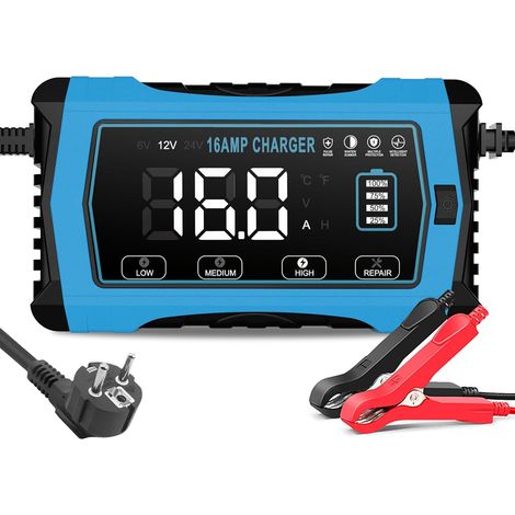 Chargeur de batterie de voiture 16 A 12 V 16 A/24 V 10 A LiFePO4 au plomb (AGM, SLA, etc.) avec fonction de charge à 10 niveaux, écran LCD pour voitures, camping-cars et yachts, etc. (1/5)