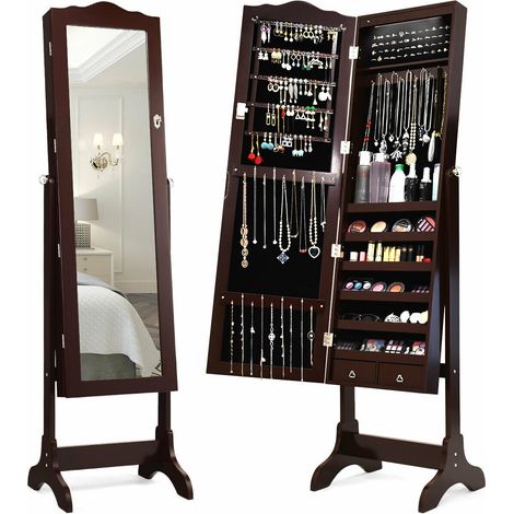 Armoire à bijoux marron en MDF avec miroir pleine longueur, éclairage 14 LED et rangement verrouillable pour chambre et dressing (1/5)