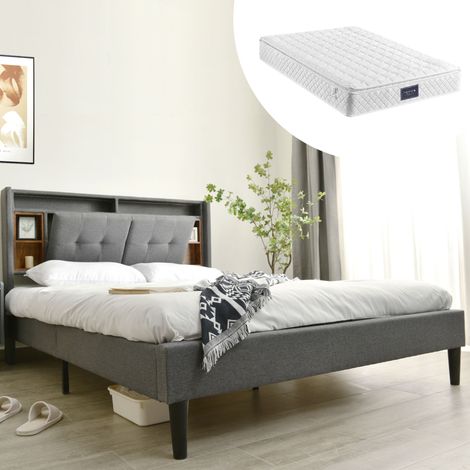 Letto imbottito 140x200 cm con testiera, USB e LED, grigio, materasso incluso (1/5)