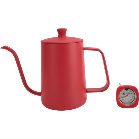 Bouilloire café pour over professionnelle grande capacité col cygne inox théière avec thermomètre de maison usage 600ml rouge (1/5)