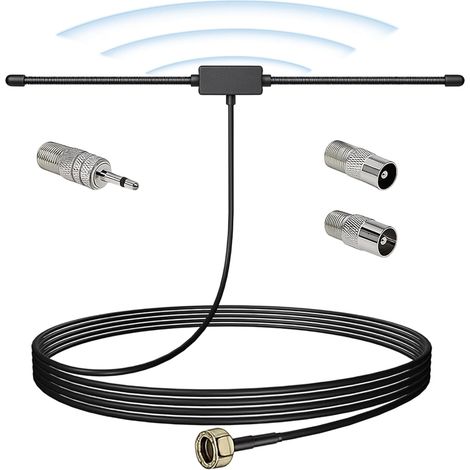 Antenne FM Dab Radio 75 Ohms Dipôle avec Connecteur Type F, 3M Câble Extension, Compatible avec Wave Système Récepteur Radio Portable Tuner Stéréo AV Amplificateur HiFi, 3 Adaptateurs (1/5)