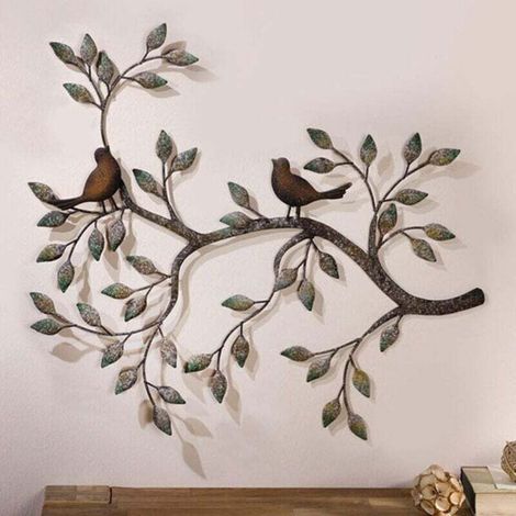 Oiseau Mural Art déco, Une Paire d'oiseaux d'amour sur Les Branches, Sculpture Murale en métal à Suspendre, décoration Murale en Fer forgé rétro,58x48CM (1/4)
