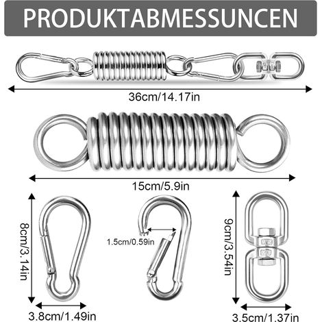 Aufhängefeder 250kg für Hängesessel – Federung mit 2 Karabinerhaken & 360° Swivel Haken (Hammock, Boxsack)
