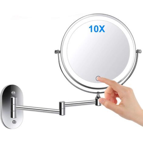 QORVA-Miroir mural grossissant x10, miroir de maquillage, miroir de salle de bain, miroir mural double face de 7 pouces, rotation à 360° et rétractable, alimenté par 4 piles AAA (non incluses)