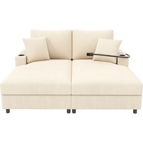 Divano letto 2 posti in velluto a coste beige con USB-C, portabicchieri e supporto telefono (1/5)
