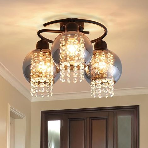 ZMH Plafonnier 3-flammes – Design moderne Cristal Gris fumée – Douille E27 – Lampe de plafond pour Chambre à coucher & Cuisine – Sans ampoule