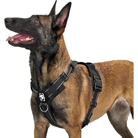 Harnais pour chien, réglable, pettorina tattica souple, rembourrée, pour chiens de taille moyenne et grande avec réfléchissant, 1 poignée, 3 œillets en D (noir, L) (1/5)