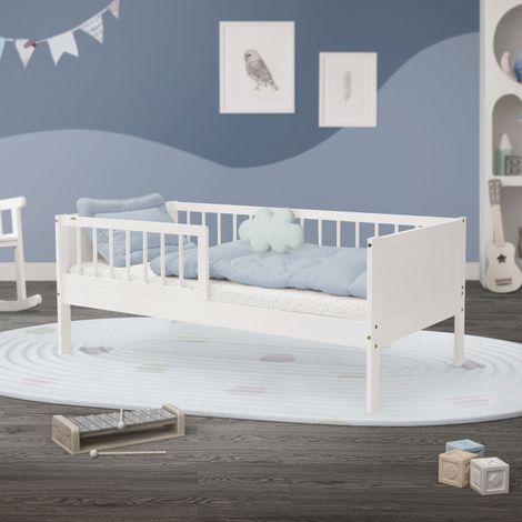 ML-Design Letto per Bambini e Bambine 70x140 cm Bianco Lettino Singolo in Legno Massiccio con Rete a Doghe e Protezione Anticaduta Letto per Giovani in Legno di Pino (1/5)