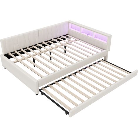Cama nido 140 x 200 cm beige con LED, USB-C, almacenamiento y somier MODENUIT (1/5)