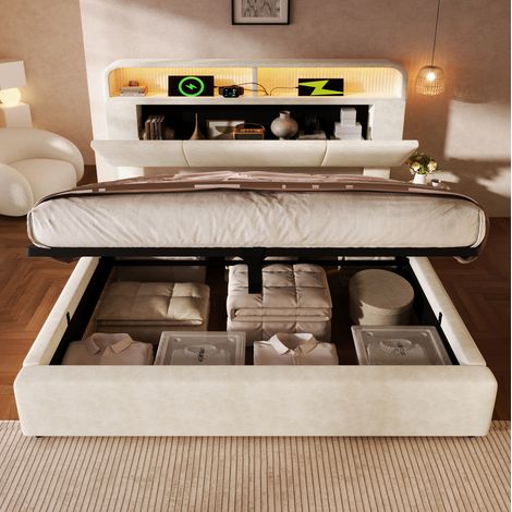 Cama con canapé 180x200 cm de terciopelo beige con LED y USB, sin colchón – MEUBLIV (1/5)