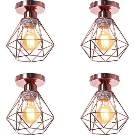U-DO 4Pcs Plafonnier Cage en forme Diamant en Métal Or Rose style Vintage pour Salon Cuisine Couloir Salon (1/4)