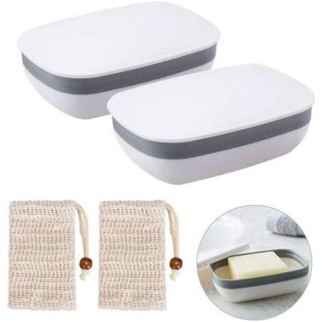 2Pcs Boîte à Savon Porte-Savon Plastique pour Salle de Bain Voyage Randonnée Camping avec 2pcs Sac à Savon en Sisal (Type 1) (1/4)