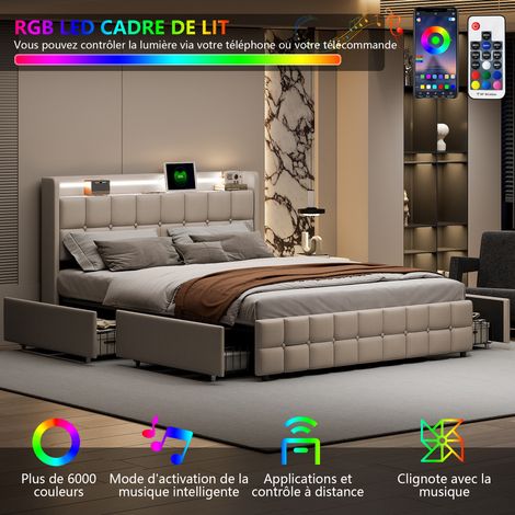 Lit tapissé 180x200cm, tête de lit avec fonction de charge USB, éclairage LED et 4 tiroirs, lit double, cadre de lit coffre, sommier à lattes en bois, beige (matelas non inclus) (1/5)