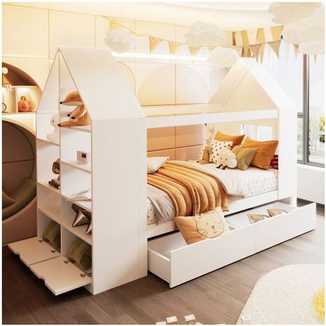Lit Enfant - WESTYLE - Lit Cabane Enfant - 90x200 cm - Bois massif & MDF - LED intégré, 2 tiroirs (1/5)