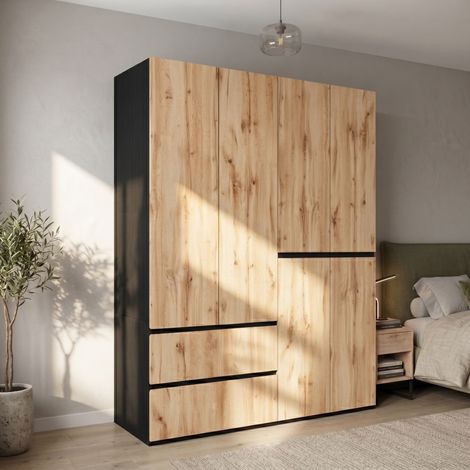 MODFU – Armario 180x50x200 cm de MDF/aglomerado con 2 roperos, 5 cajones, 6 puertas y carga 30/20 kg – Roble/negro (1/5)