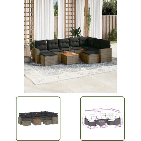The Living Store 10-tlg. Garten-Sofagarnitur mit Kissen Grau Poly Rattan - Gartenmöbel - Esszimmergarnituren - Outdoor Möbel - Lounge Set - Rattan Gartenset
