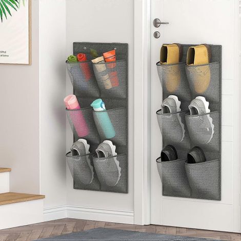 Lot de 2 étagères à chaussures murales étroites avec 12 grandes poches en filet, à fixer au mur ou à suspendre à la porte d'un placard. Supports adhésifs amovibles inclus.