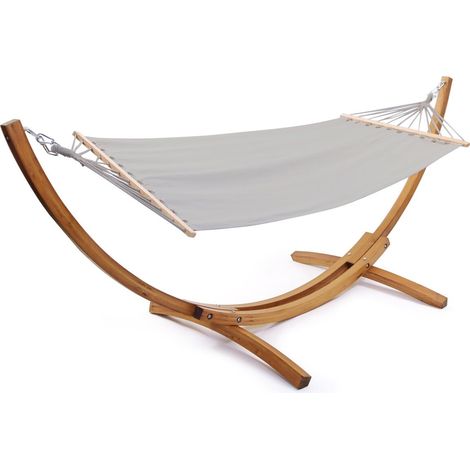 Habitat Et Jardin – Hamac sur pied en bois de mélèze 320 cm – Toile en coton gris – Charge max 150 kg – Hauteur ajustable – Résistant aux intempéries
