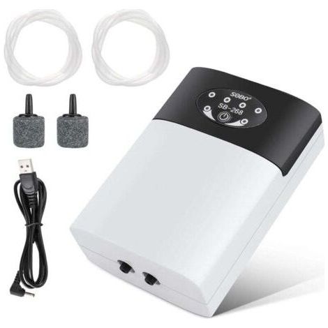 Aquarium Air Pump, Portable Aquarium Air Pump, USB Oxygen Pump, Quiet Aquarium Bubbler, Oxygen Air Pump, Flow Rate 2 × 3L/Min, 2 Air Outlets (1/4)