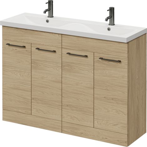 Napoli 390 Light Oak 1200mm 4 Door Vanity Unit with Double Glide Basins - 1200mm - Gunmetal Grey 160mm Handle