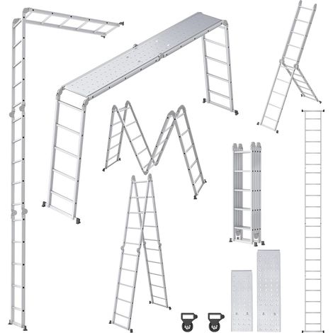 Froadp Échelle multifonction 6 en 1 pliable - En aluminium - Avec 2 roulettes et plateforme - Charge maximale : 150 kg (5,5 m) (1/5)