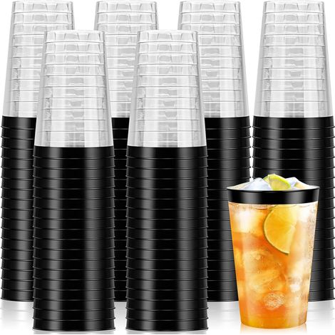 Lot de 50 gobelets de fête en plastique rigide avec bord noir, 340 ml, réutilisables et élégants, parfaits pour les fêtes, anniversaires, mariages et le camping. (1/5)